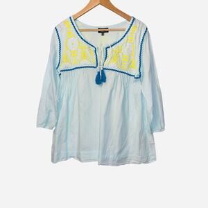 Fragonard Baby Blue Balloon Sleeve 100% Cotton Yellow Embroidered Blouse Top
